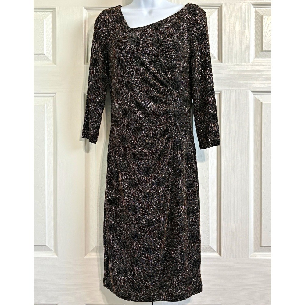 SLNY Black Gold Metallic Geometric Knit Sheath Scoop Neck 3/4 Slv Dress 6